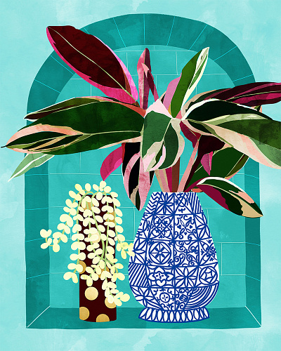 Moroccan Shelfie | Tropical Teal Plants Botanical | Exotic Moder pop of color