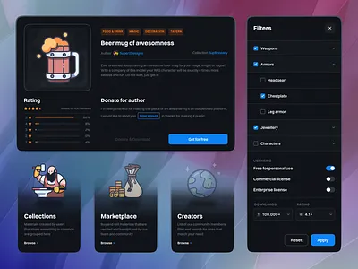 Asset Store Item & Filters - UI Elements asset clean clean ui colorful dark mode dark theme darkmode design elements filters marketplace professional shop simple store ui ui elements user interface