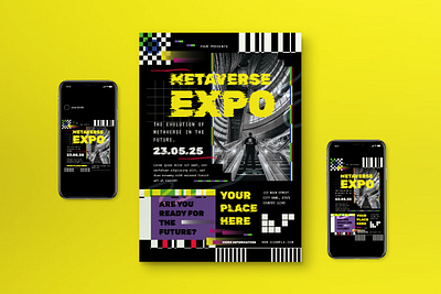 Black Glitch Metaverse Expo Flyer Set black design event flyer expo fashion glitch glitch style graphicook graphicook studio instagram post instagram story metaverse metaverse expo social media