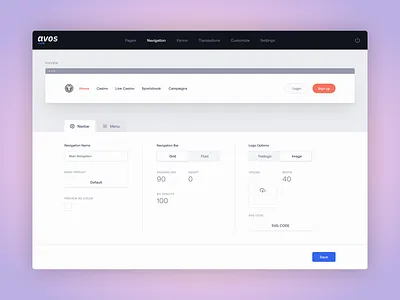 Avos CMS - Create/Edit Navigation application blue button cms dashboard form input navigation platform preview select tab ui upload