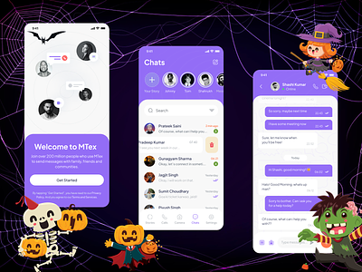 MTex Messaging Application app application branding clean creative design drakula frankestein ghost halloween illustration message mummy pumpkin skull spooky ui vampire witch