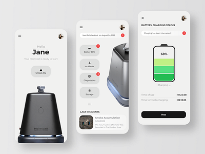 MobileApp for smart Hemindall robot app app design battery black camera design fire gray minimalistic mobile mobile app ui uiux ux white
