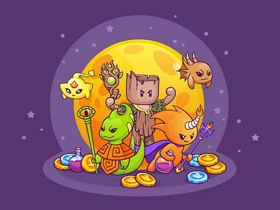 NFT Game characters battle blockchain branding characters coins cryptocurrency emotion game illustration items magic monsters moon nft pets play tokens vector vs winner
