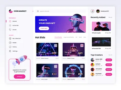 COiN MARKET NFT DASHBOARD - LIGHT art coinmarket dashboard light lightmode market nft nftdashboard ui uiux ux vr vrnft