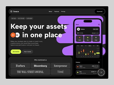 Swace ː landing page, crypto wallet analysis assets bitcoin blockchain candlestick cards chart crypto cryptocurrency defi ethereum finance fintech investment solana ui ux wallet web 3.0 web3