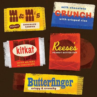 give me all the chocolate branding butterfinger candy chocolate crunch halloween kitkat packaging peanut butter reeses retro sugar treats