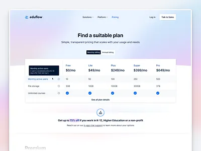 Eduflow pricing page accordion edtech gradient inter landing page pricing product table