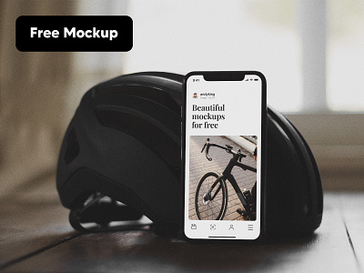 Free iPhone Mockup With Black Bike Helmet active bike black free helmet iphone iphonex lifestyle mockup road roadbike sport sports table vintage