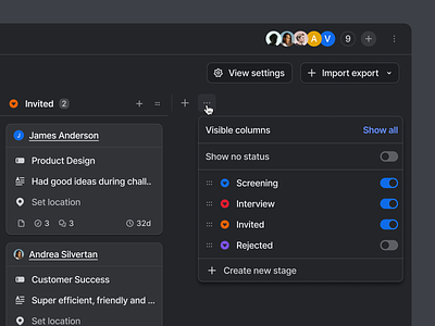 Attio – Kanban Stage Options attributes cards clean creation crm data importing kanban light modern options popover powerful settings sleek spreadsheets stages toggles views