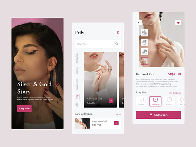 Jewelry Store Mobile App app bracelets clean diamond ecommerce gold jewel jewellery jewellery shop jewelry store mobile mobile app design necklaces online shop product page rings splash screen ui uiuxdesign ux