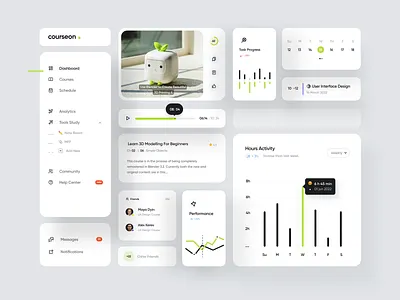 Courseon | E-Learning Dashboard Components chart clean component course coursera e learning education graph learning minimal mobile online online school school sidebar ui uiux university video web