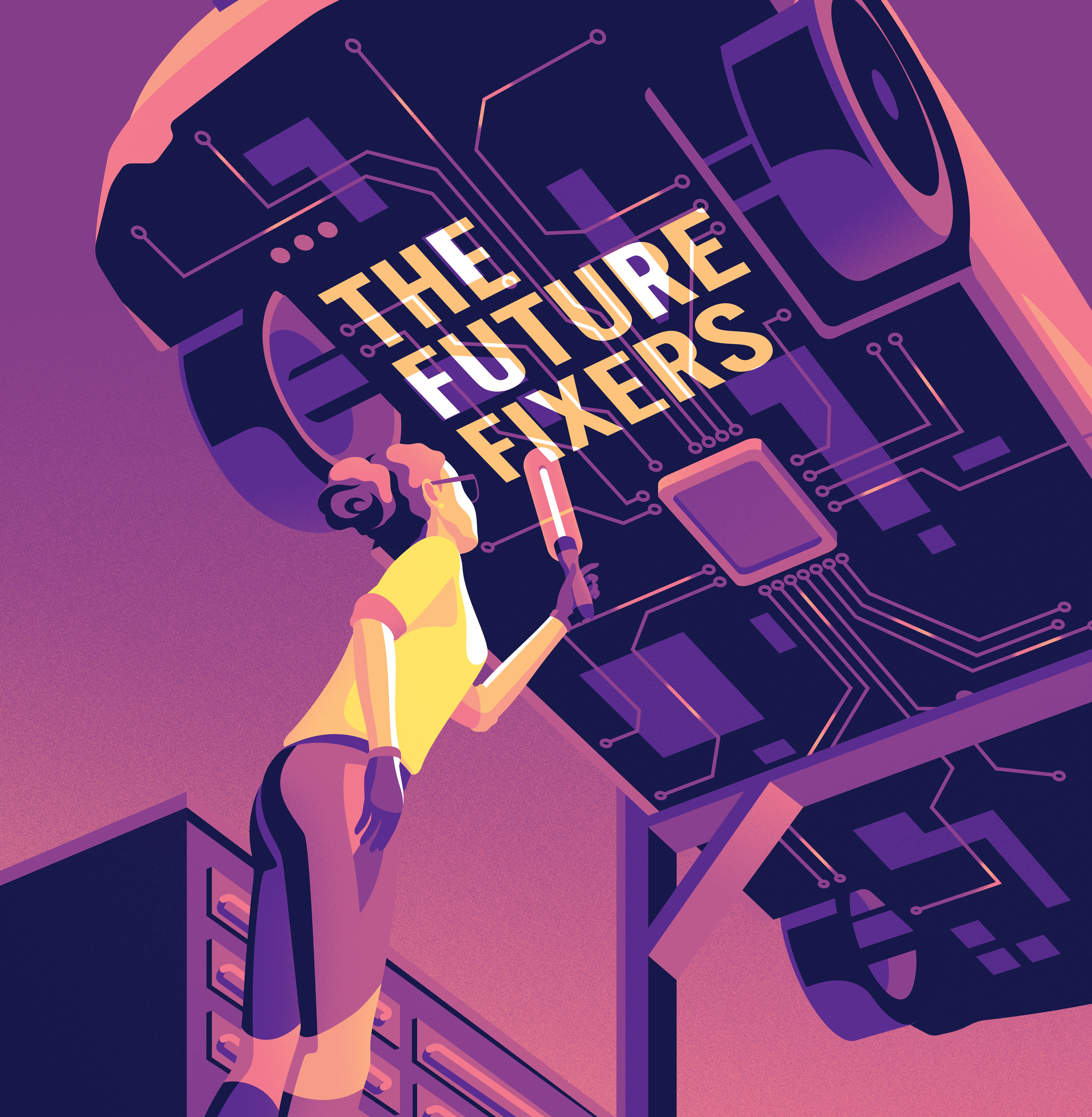 Chevy New Roads Magazine car circuit digital discover education electric engineering female illustration inspect jack daly mechanic motherboard product illustration purple repair scottish illustrator vector vehicle woman