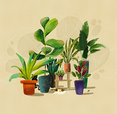 Plant collection cats green greenery illustration living nature plants procreate watercolour
