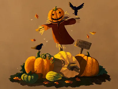 The Pumpkin Farm autumn chalk crow farm illustration nature procreate pumpkin scarecrow sunlight sunset