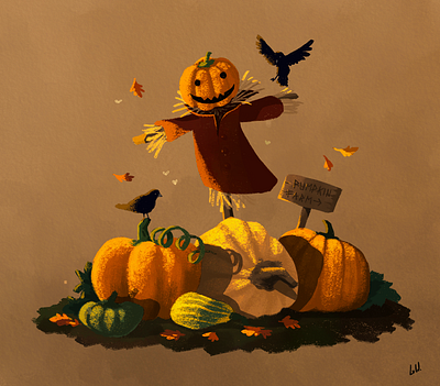 The Pumpkin Farm autumn chalk crow farm illustration nature procreate pumpkin scarecrow sunlight sunset