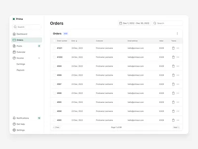 Orders — Prima button component components design system input field kit library menu navigation order list orders orders list platform settings table ui ui kit uikit uilibrary ux