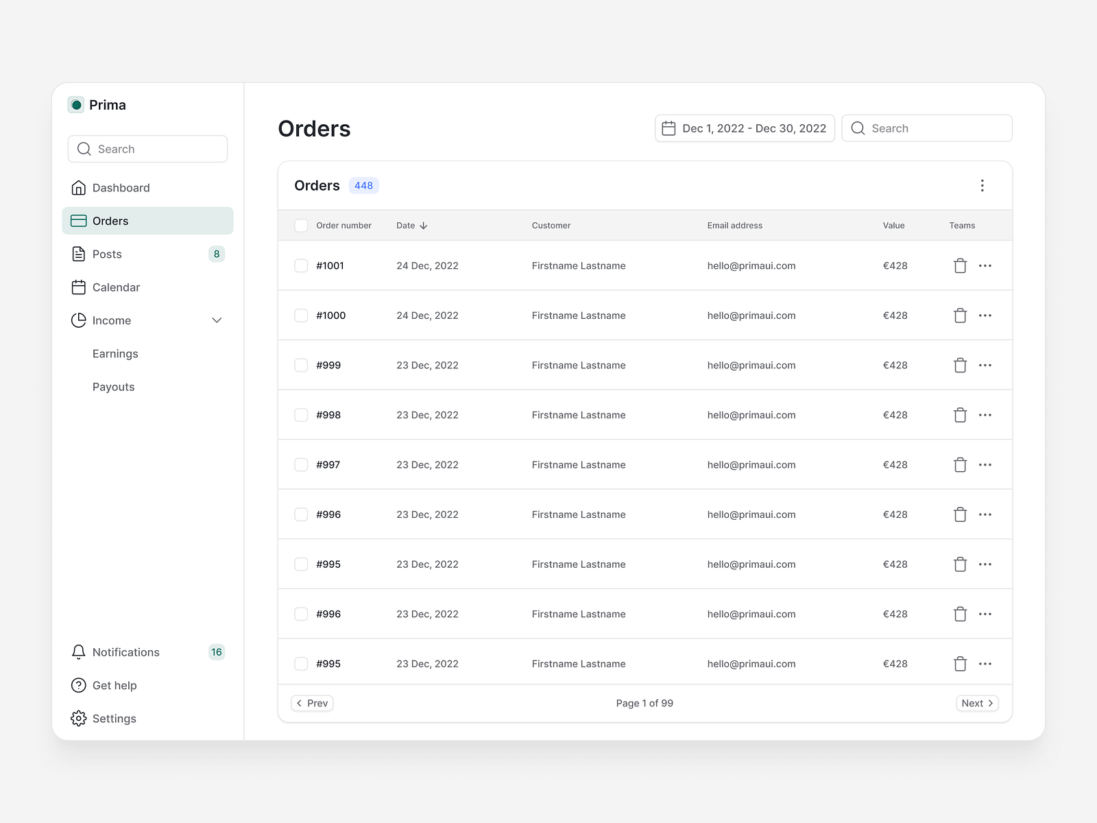 Orders — Prima by Gunnar on Dribbble