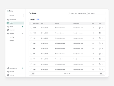 Orders — Prima button component components design system input field kit library menu navigation order list orders orders list platform settings table ui ui kit uikit uilibrary ux