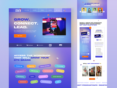 Landing page design for DTC conference b2b b2c conference digital dtc ecommerce figma hero inspiration landing landing page marketing saas speakers tags testimonials tickets violet