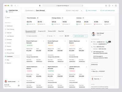 Customers / Documents change order clean interface complex web app construction customers customer details customer documents files filter grid view invoice saas saas web app search document service customers sort by total estimate ux redsign