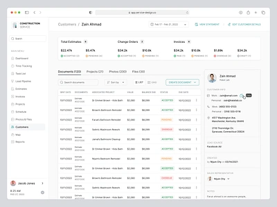 Customers / Documents clean construction service document customer details customer information date filter document list estimate filter invoice less is more saas saas web app design service details sort by table view task list ui ux ux redesign work documents