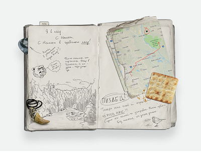 A Spread From The Diary :: #1 accessory art bear bird character clipart concept cookie diary forest graphic design guitar pick hadwritten map page sketch spread