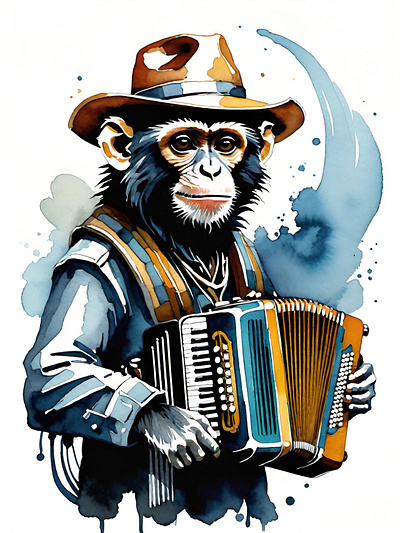 Musical monkey accordion animals illustration monkey music musical musician primates vintage wanderer watercolor