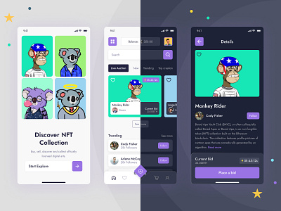 NFT buy & selling marketplace app exploration for both light and app app ui dark mode design light mode mobile app nft nft buy selling nft marketplace ui ui ux ui design uidesign uiux ux