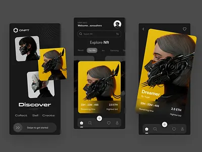 NFT Marketplace - Mobile app ( Dark Version ) app app design blockchain crypto cryptocurrency dark mode defi eth futuristic glassmorphism marketplace mobile app nft nft app nft market nft marketplace nfts trend ui design web 3.0