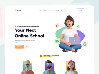 Educational Web Design 3d avatar 3d illustration classroom concept e learning education education website learning app learning app landing page learning management system learning platform minimal online class scholarship student study tutor uiux visual design web design