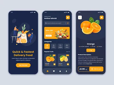 Grocery - Fresh Fruit Delivery Mobile App 🍊 app design clean dalivery app dark ui design ecommerce food app fresh fruit fruit app grocery grocery delivery grocery store healthy food mobile app orange store app supermarket ui uiux vegetable
