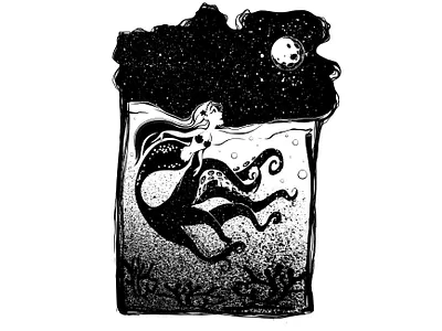 Mermaid black black and white design drawing illustration little mermaid mermaid minimalist moon night sea creature seaworld simple