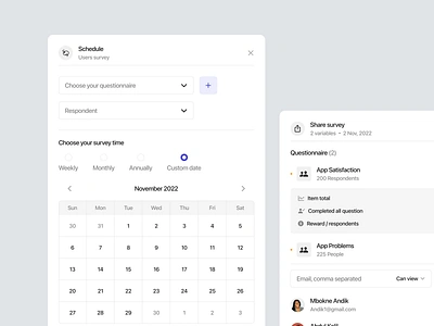 Nyurvei - Survey schedule and send components app design calendar cleans component dashboard design invitation invite light mode product design questionnaire research respondent responses result survei ui ui design uiux ux