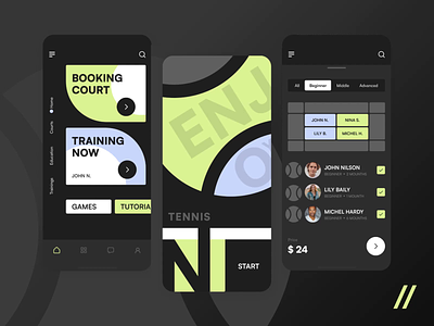 Tennis Mobile IOS App android animation app design app interaction book dark theme dashboard design interaction interface ios mobile mobile app mobile ui rent sport sport app tennis ui ux