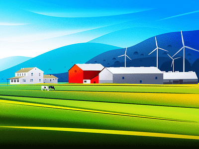 Farm agricultural cow farm farming field house illustration landscape light nature tree vector windmill