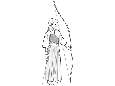 archer archer archery black and white cartoon character design comic drawing girl illustration japan japanese kimono line minimal monochrome procreate simple warrior yukata