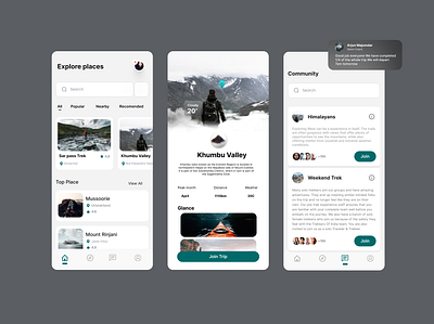Trekking app UI grey minimalistic design travel travel ui trekking trekking app trekking app ui trekking ui design ui white