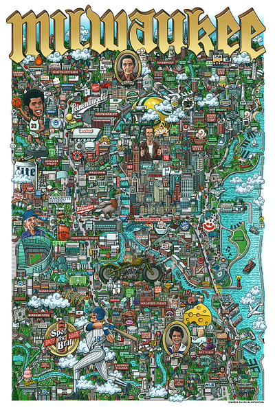 Milwaukee Map drawing illustration map map making mario milwaukee milwaukee brewers milwaukee bucks wisconsin zucca
