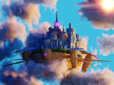 Airship City V2 3d 3d art airship art blender branding city cloud cycles design fantasy graphic design illustration logo modeling ship sky space tree ui