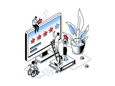 Ratings line isometric illustration access character computer design feedbck illustration isometric isometry line rating style team vector