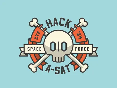 Hack-A-Sat Logo Design banners bones brand identity branding capture the flag cross bones cyber cyber security flag graphic design hack illustration logo logo design satellite skull space space force