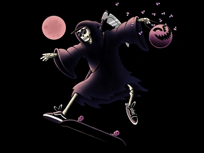 Trick or Treat 🎃 brushwork candy charcterillustration digital drawing full moon grimreaper halloween illustration jackolantern muti procreate purple skateboard skeleton spooky texture trick