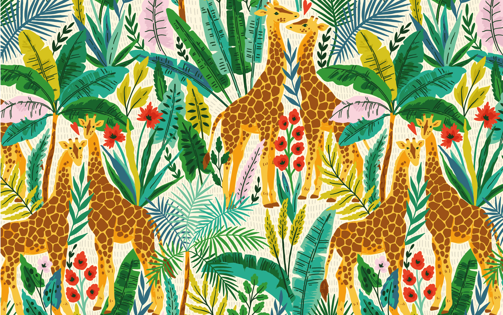 GIRAFFES vector seamless pattern animal pattern bright color colorful palette design digital pattern exotic for sale giraffe giraffes illustration graphic design licensing pattern romantic illustration seamless surface design tropic tropical valentine vector