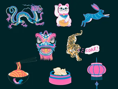 Clipchamp, Microsoft - Illustrative Sticker Pack animated gif animated gifs animated giphy animated stickers bunny cats dragon dragon head dumplings gif gif animation gif animations gifs giphy giphy sticker illustrative stickers lantern ramen tiger videoapp