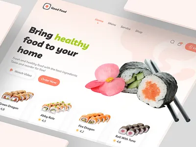 Good Food- Healthy food restaurant landing page beautiful best clean design flat food health healthy food hero section landing page minimal orange restaurant sushi top ui ui design ux web design website