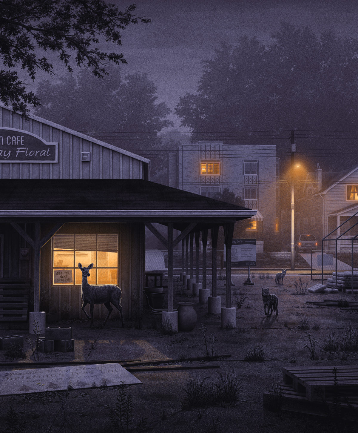 An Inevitable Fate coyote deer greenhouse midwest neighborhood night nighttime nostalgic poster screen print street light window