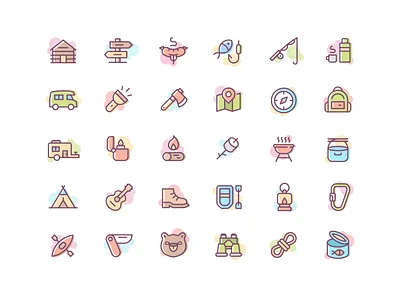 Camping Icons bear campfire camping colorful design icon icon pack icon set icons leisure line line icons nature outline sport style tent tourism travel vector
