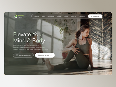 Hero for Yoga & Wellness Brand ⋆ Harmony Haven 2025 advantages apple calm glass glassmorphism health hero home human landing light services transparent trend ui ux web design website wellness