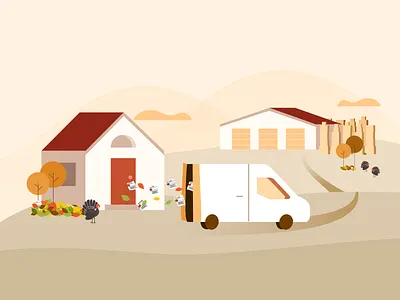 Thanksgiving/Autumn Illustration autumn beige boxes brown burnt orange courier driving fall house illustration post purchase red scene season thanksgiving turkey warehouse