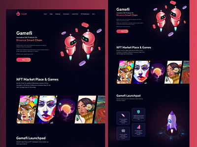 Gamefi Blockchain Game art black blockchain crypto dark mode dark theme design launchpad marketplace metaverse nft artwork nfts pink red robots ui ux